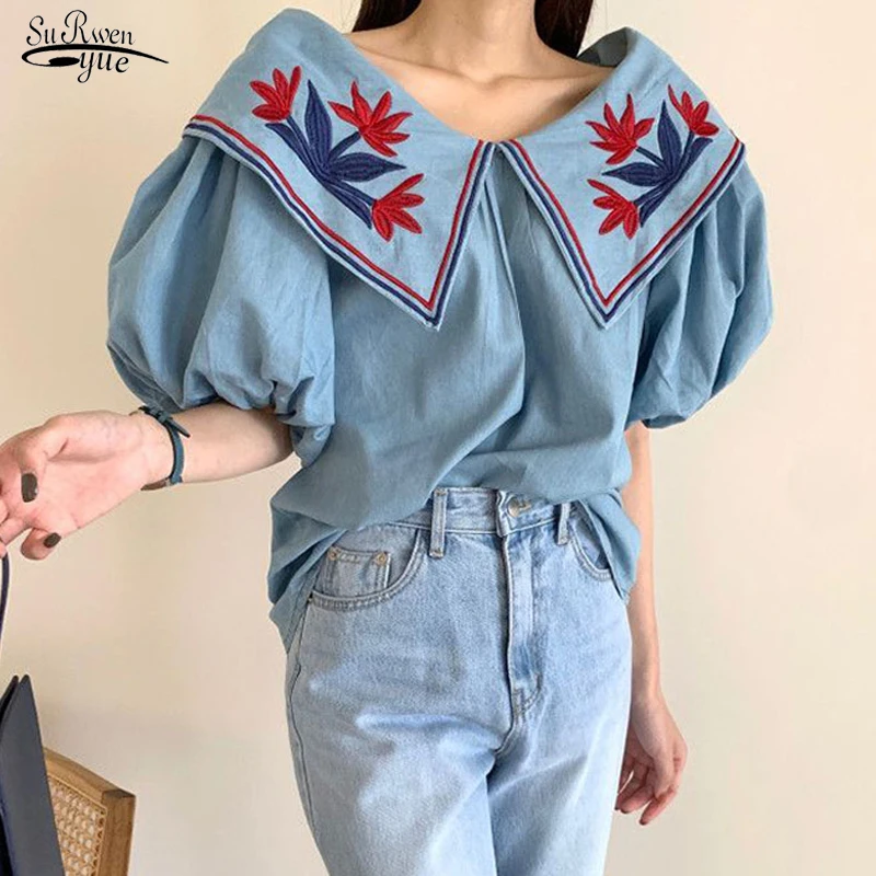 

Autumn New 2021 Hot Lantern Sleeve Loose Denim Shirt Vintage Ethnic Style Flower Embroidey Blouses Women Femme Tops Blusas 15433