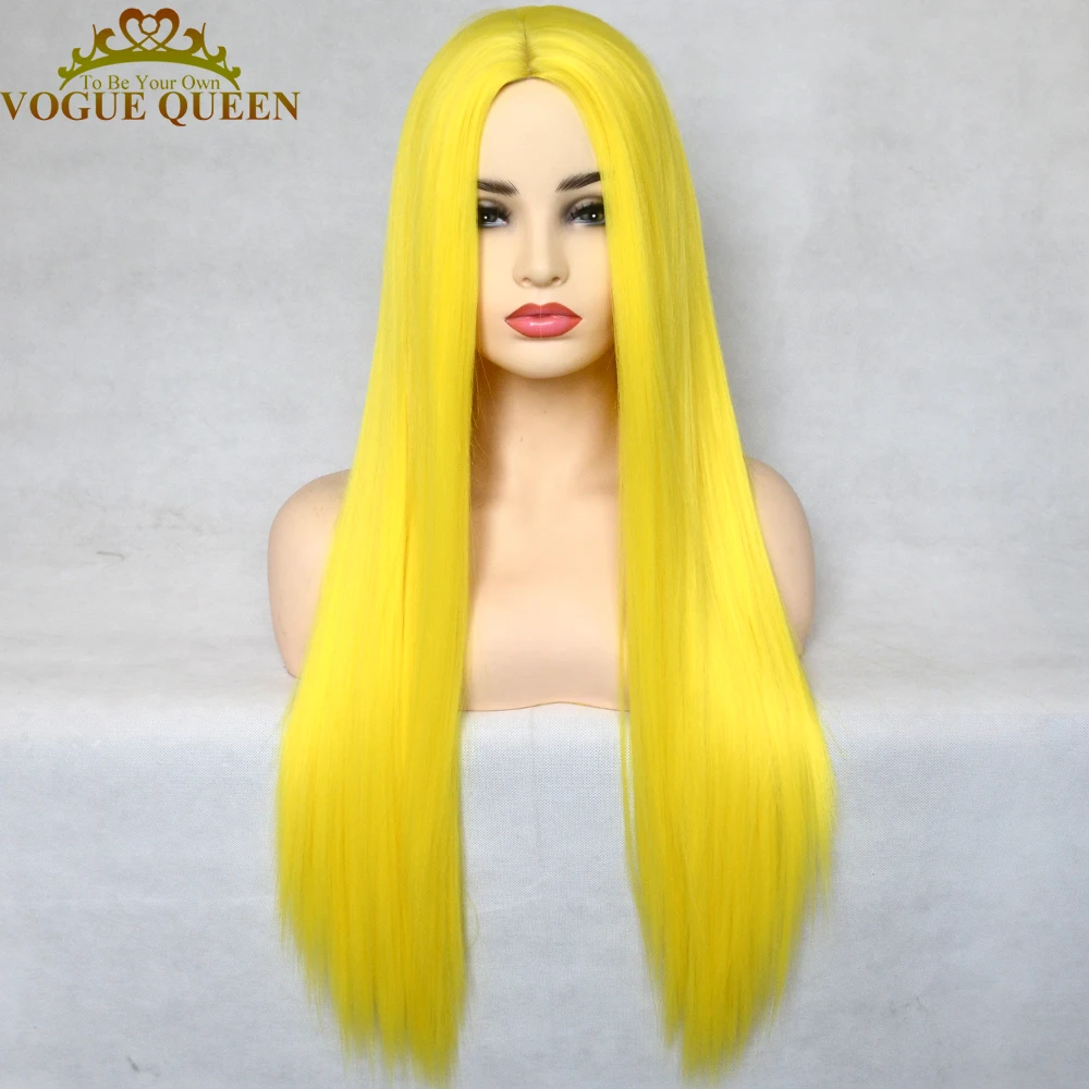 Vogue Queen-peluca larga y recta sintética para mujer, cabellera artificial Sexy, hecha a máquina, parte media, fibra resistente al calor