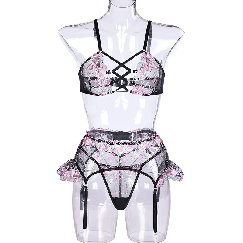 

Women Sexy Lingerie Three-piece Lace Embroidery Girdle Cross Straps Erotic Corset Bra Underwear Set