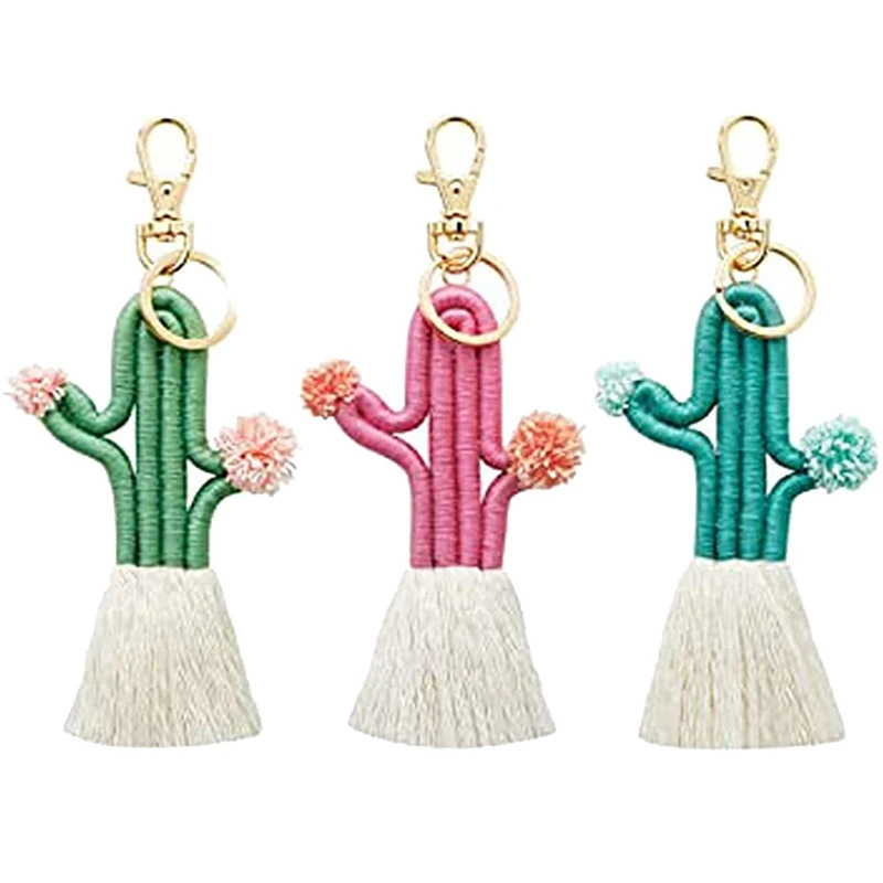 

3 Pack Women Girls Boho Weaving Cactus Tassel Keychain Bag Keyring Holder Wallet Purse Pendant Decorations