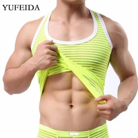 sexy mens undershirts striped transparent sleeveless t shirts tops gym fitness tank tops slim sportswear see through casual vest