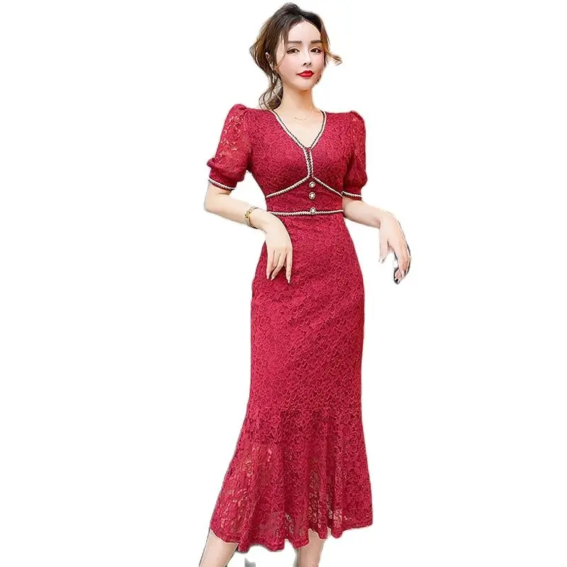 

Fashion Runway Summer Party Midi Long Evening party Dress Women Black Red V-Neck Lace Hollow Out Formal business Dresses Vestido