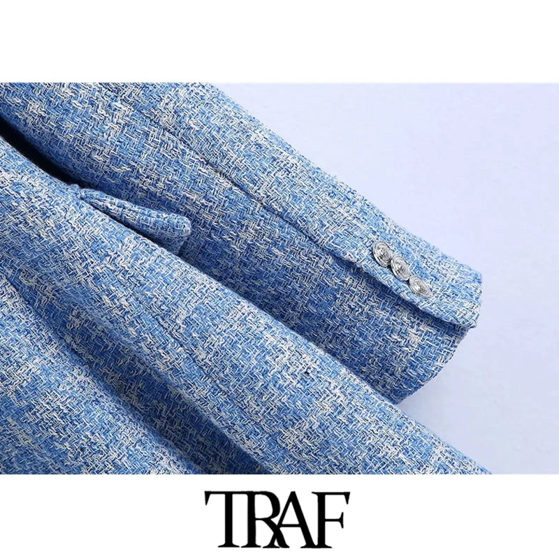 

TRAF Women Fashion Double Breasted Tweed Check Blazers Coat Vintage Long Sleeve Pockets Female Outerwear Chic Veste