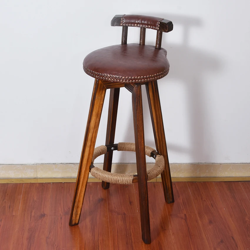 

Rotatable Bar Chair Stool Solid Wood 4 Leg Dining Chair Bar Counter Chair High Footstool With Low Backrest Commercial Furniture