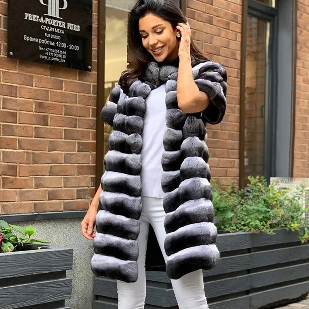 100cm Long Real Rex Rabbit Fur Coat Chinchilla Color High Quality Natural Women Casual Fur Overcoats Genuine Rabbit Fur Coats