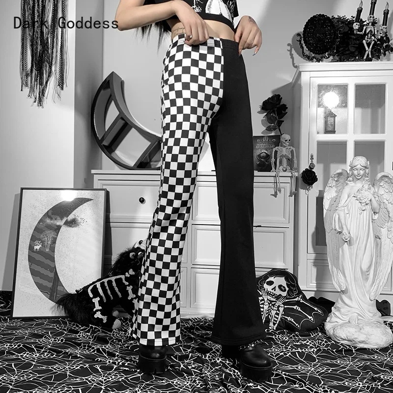 

Gothic streetwear grid children's pants stretchhigh waist Harajuku black and white check color contrast flared trousers slim fit