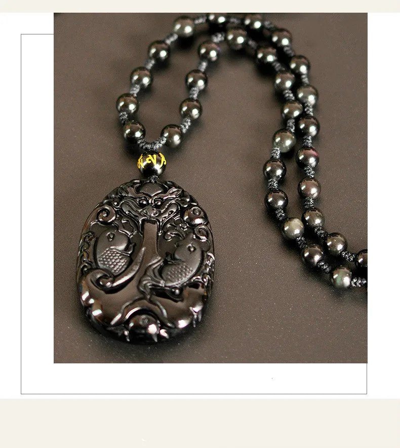 Натуральный черный обсидиан бусы ожерелье ручной работы Карп нефрит кулон Мода