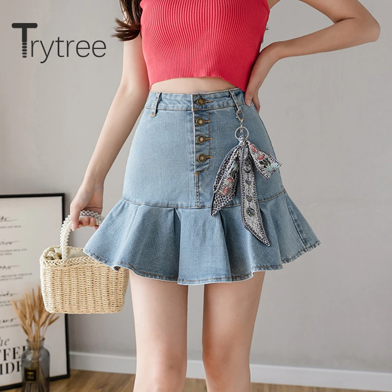

Trytree 2020 Summer Woman Skirt Casual Fashion Elegant Button Solid High Waist A-line Ruffles All-Purpose Style Cowboy Skirt