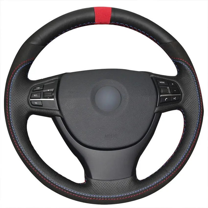 

Black Genuine Leather Black Suede Car Steering Wheel Cover for BMW F10 523Li