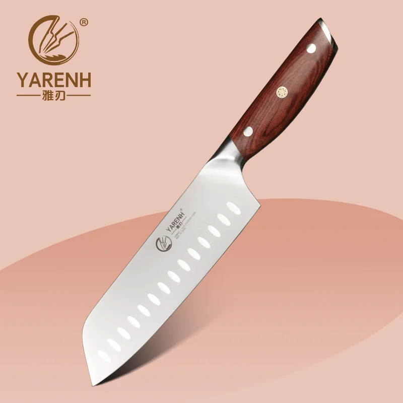 

YARENH 7-дюймовый нож сантоку острый немецкий 1.4116 стальной кухонный нож Профессиональные шеф-повара ножи фотоинструменты с красной деревянной ручкой