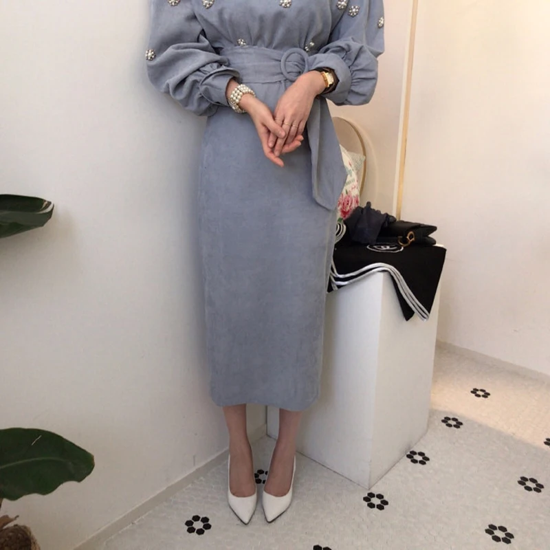 

New Spring Autumn Chic Women Vintage Corduroy Midi Dress Elegant Puff Sleeve O-Neck Beading Appliques Lace-up Sashes Dress