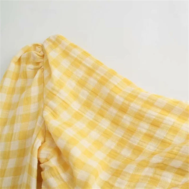 

PUWD Sexy Women Yellow Plaid Irregular Short Tops Suit 2021 Summer Sweet Female Fold Ruffle Skirt Sets Ladies Slim Skirts Set