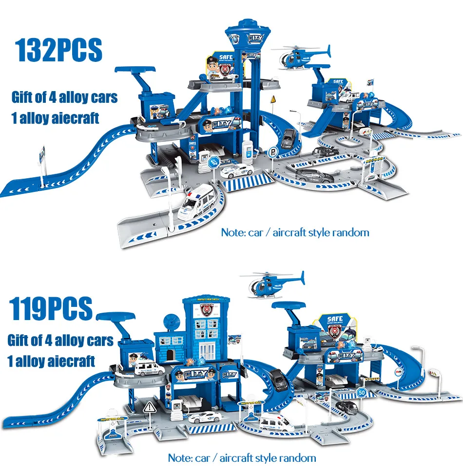 3D City Police Station Railway Alloy Car Play Engineering Fire Truck Track Car DIY Model Building Kits Assembly toys for kids