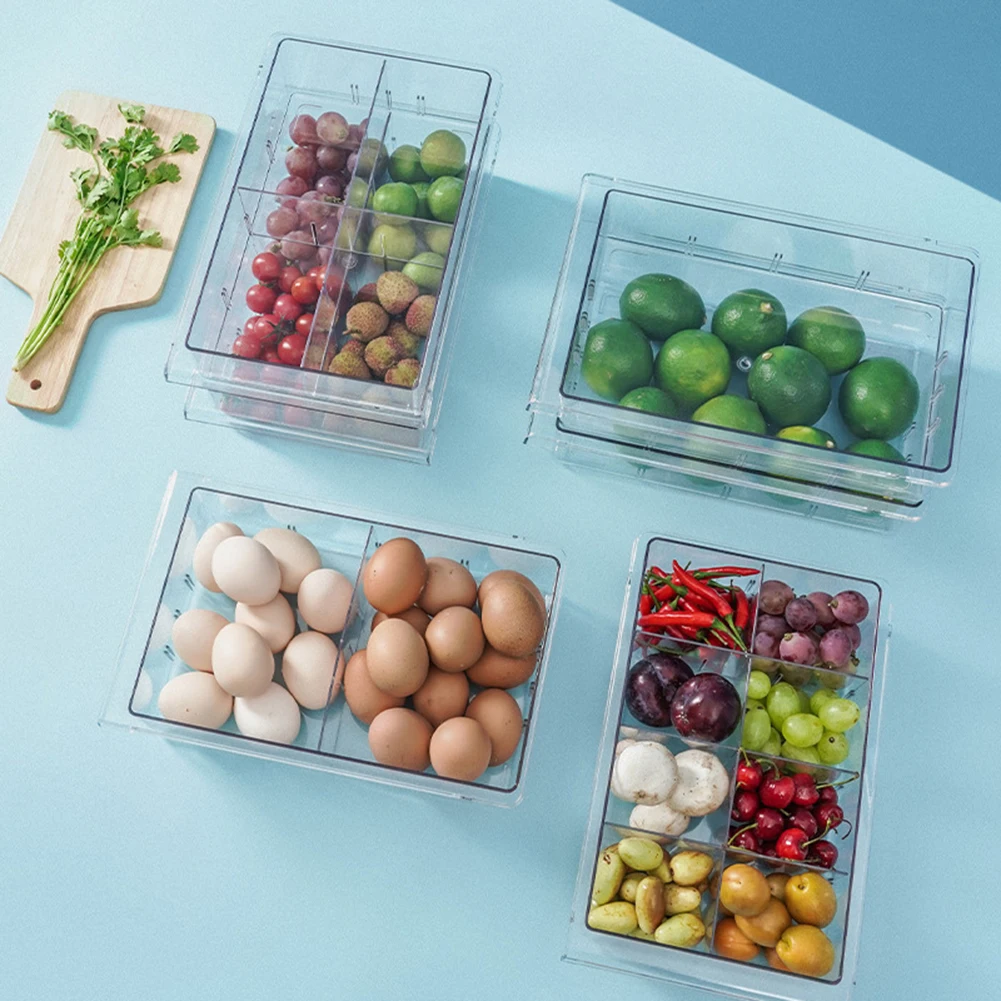

Plastic Refrigerator Drawer Racks Holder with Grids Fruit Food Storage Box Containers ABS Kitchen Accessories