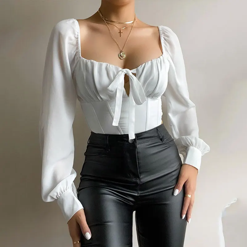 

2021 Summer Women Casual Long Sleeve Slim Fit White Blouse Low Cut Lantern Sleeve Tie Front Ruched Top For Daily Wear