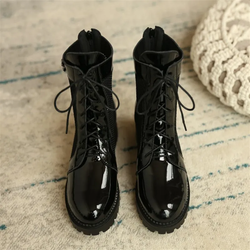 

Spring New Women Boots Mesh Boots Round Toe Lace-Up Chunky Heel Breathable Short Tube Boots Large Size 34-43 Item No.Q157