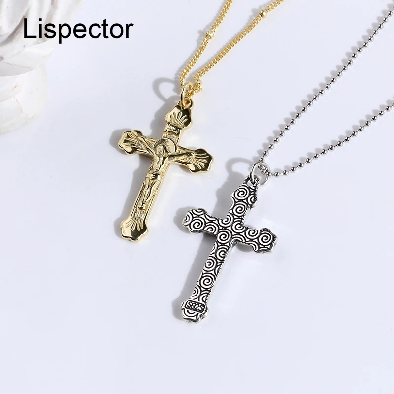 

Lispector 925 Sterling Silver Retro Jesus Cross Pendant Necklaces for Women Beads Chain Double Sided Necklace Religious Jewelry