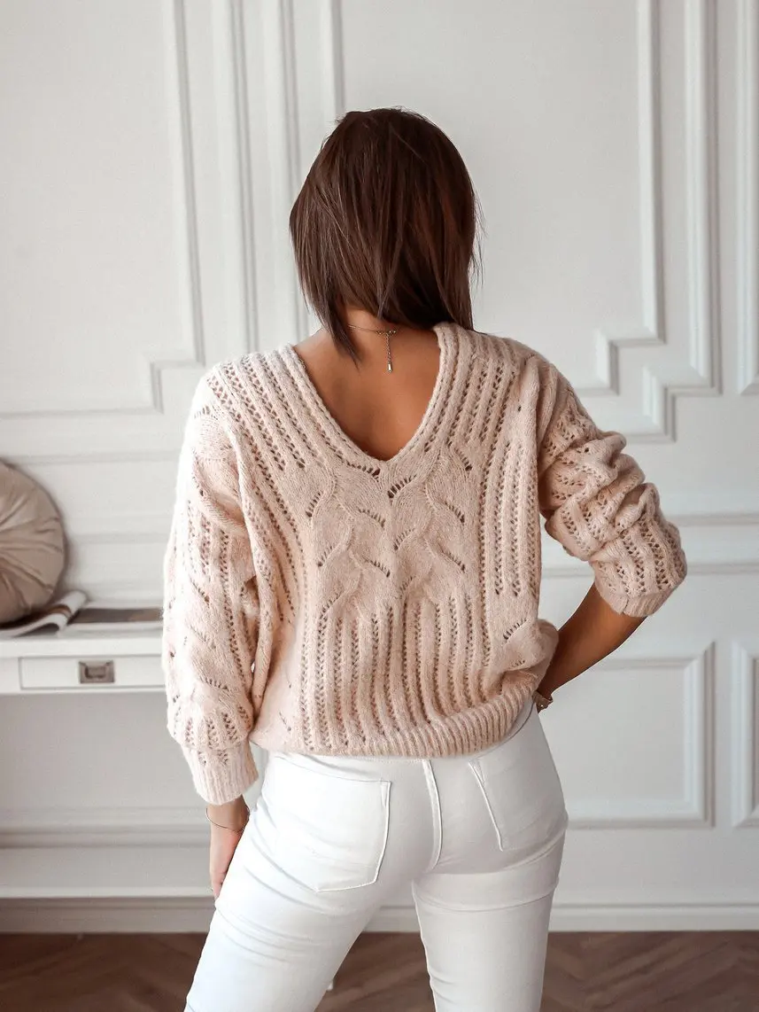 

Pullover Cotton Casual Autumn and Winter Woman Sweater Loose Front and Rear Double V-neck Strapless 2021 New