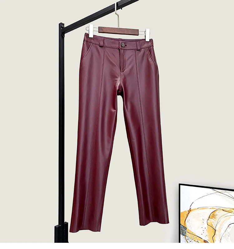 

2021 Spring Autumn Women's Genuone leather pencil pants High quality sheepskin Real leather fashion Ninth pants A584