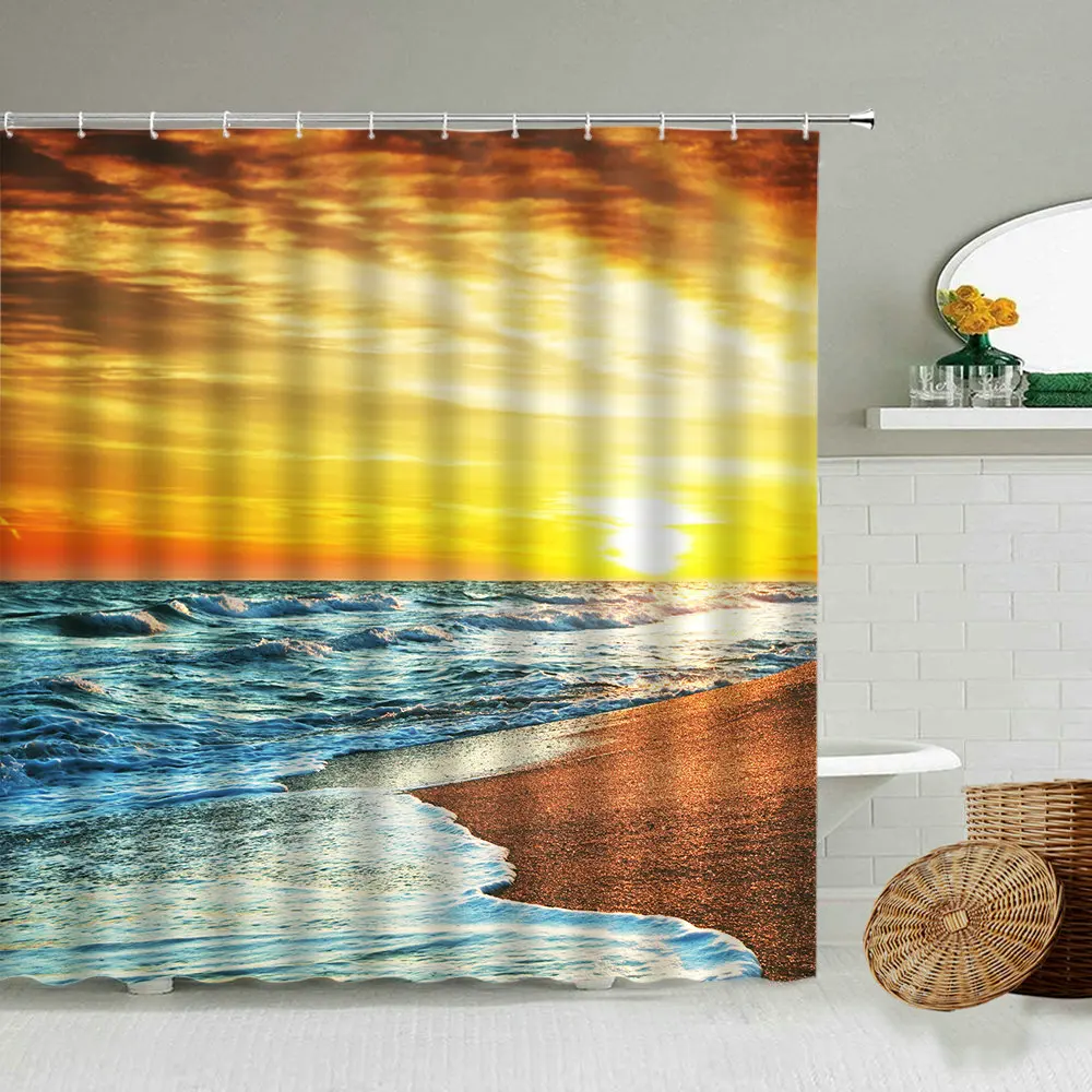 

Занавес для душа с закатом в сумерках, морской пейзаж, занавеска для пляжа, Океанской волны, природный ландшафт, ванная комната с крючком, ак...