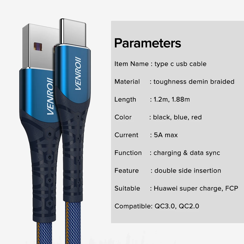 Venroii 5A Supercharge usb type C кабель для huawei mate 30 20 10 Pro Быстрая зарядка USBC Kable телефонный шнур