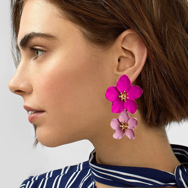 

2021 New Design Fashion Jewelry Big Double Flower Mixed Color Earrings For Women Summer Style Party Wedding Exaggerated Earrings