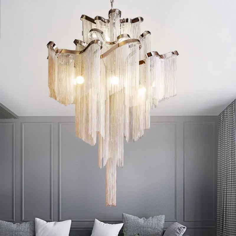 Большая люстра для фойе и вестибюля отеля серебристая золотистая алюминиевая