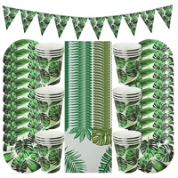 61pcs summer disposable tableware sets green monstera paper plates cups napkins tropical hawaii wedding party decoration supplie