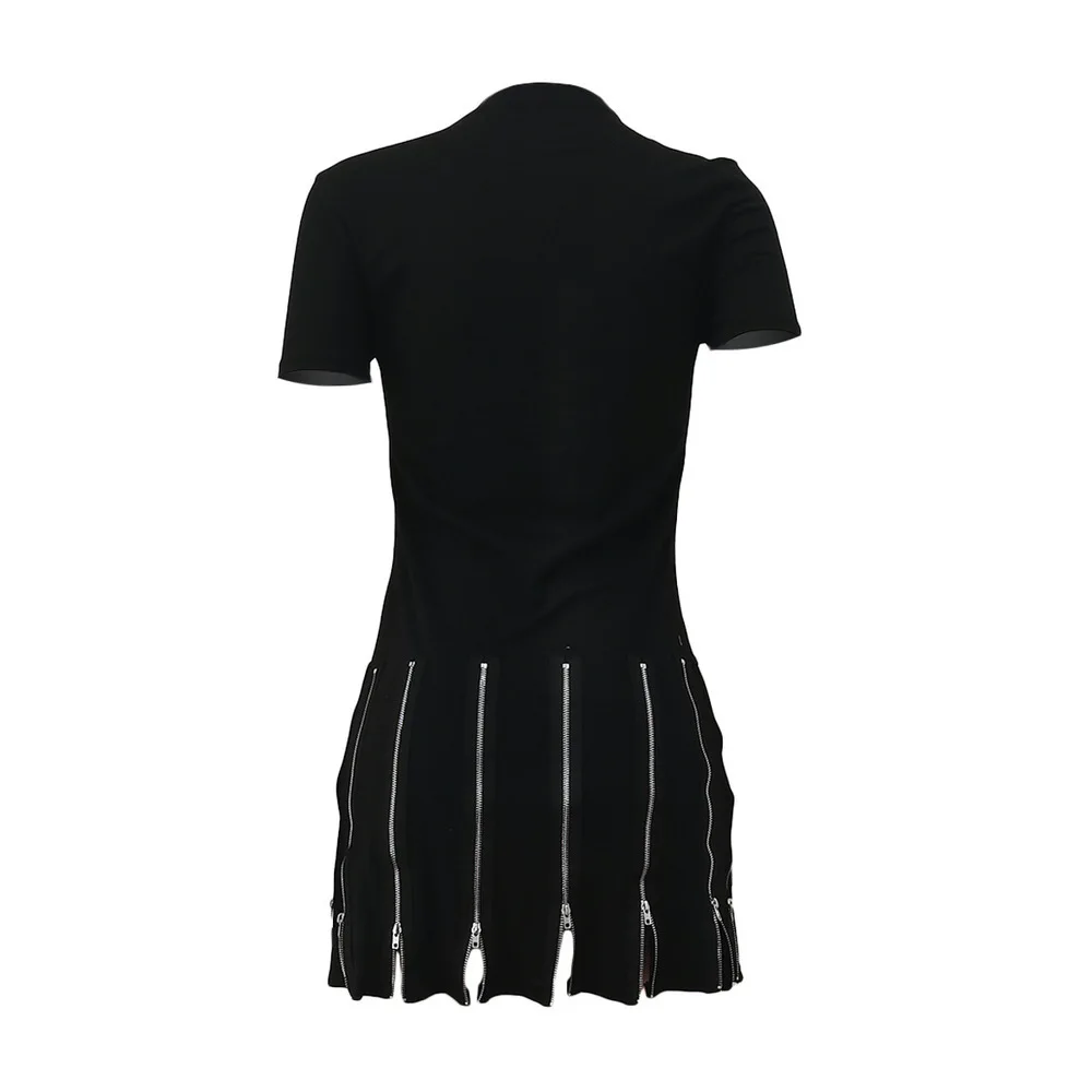 

Cartoon Letter Print Streetwear Shirt Dress Woman Sexy Zipper Up Tassels Spliced Mini Dresses Hip Hop Split Hem Nightclub Dress