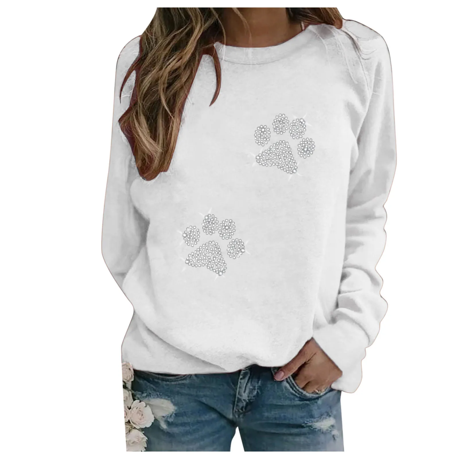 

Harajuku Woman Tshirts Casual Long Sleeve Dog Paw Printing O-neck Tops Shirt Pullover Plus Size Vintage Футболки