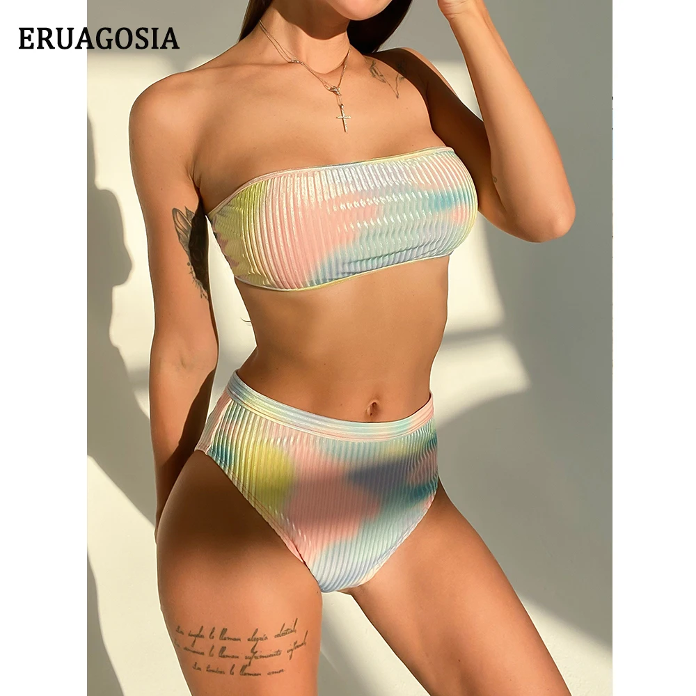 

Sexy Bandeau Bikini High Waist Swimsuit Push Up Women Swimwear 2021 Bikini Set Print Bathing Suit Summer Beachwear Biquini