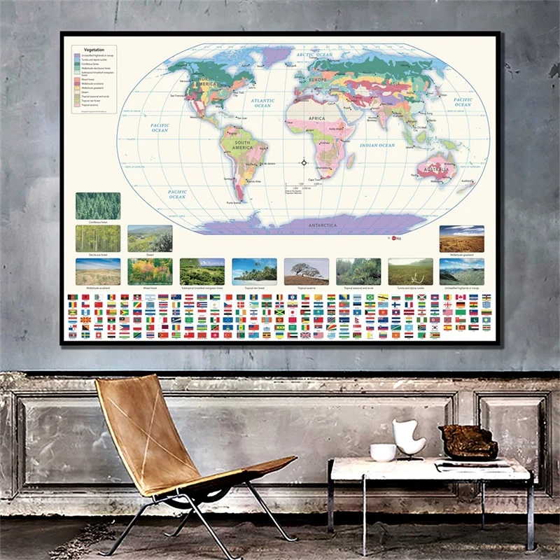 

59X42cm Map of The World with National Flags Vagetation Map Posters and Prints Wall Art Pictures for Culture and Education Decor