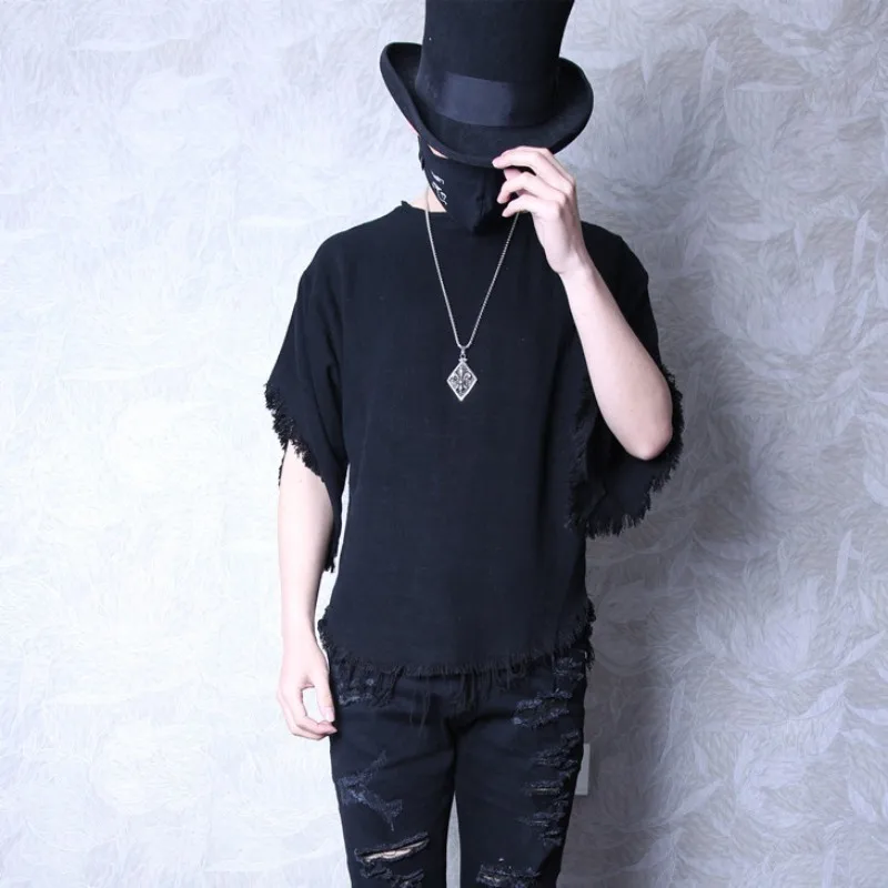 

Летняя мужская однотонная Асимметричная футболка, модные льняные футболки с кисточками, мужские футболки с круглым вырезом в стиле Харадзю...