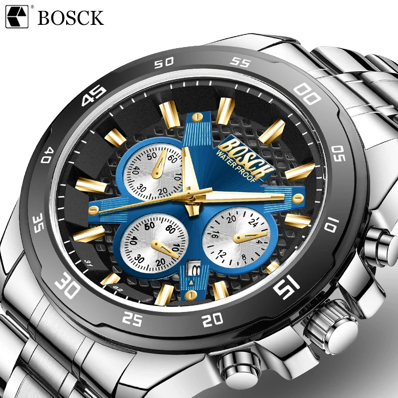 

Bosck Men's Luxurious 30M Casual Waterproof Multiple Time Zone Quartz Watch Luminous Stainless Steel Strap Watch Tempered Glass