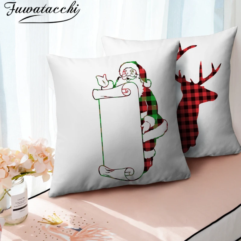 

Fuwatacchi Grid Printed Deer Cushion Cover Xmas Santa Claus Pillow Cover for Home Sofa Car Decor Pillowcases Funda Cojin 45x45cm