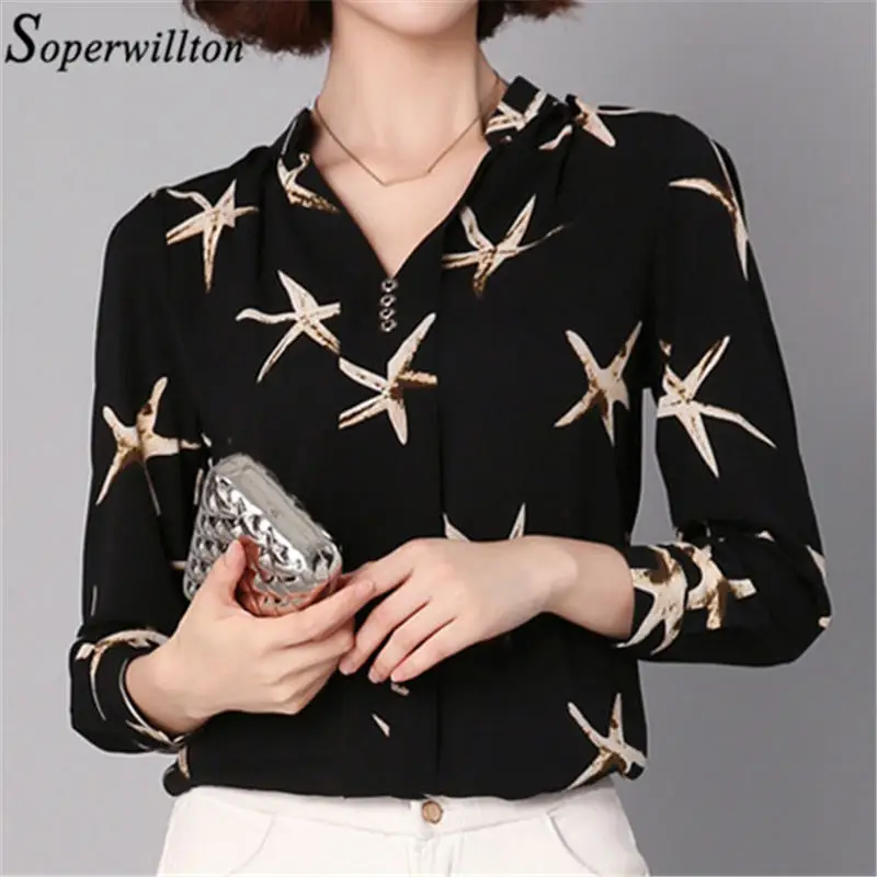 2021 модная шифоновая блузка с принтом женская рубашка длинным рукавом размера