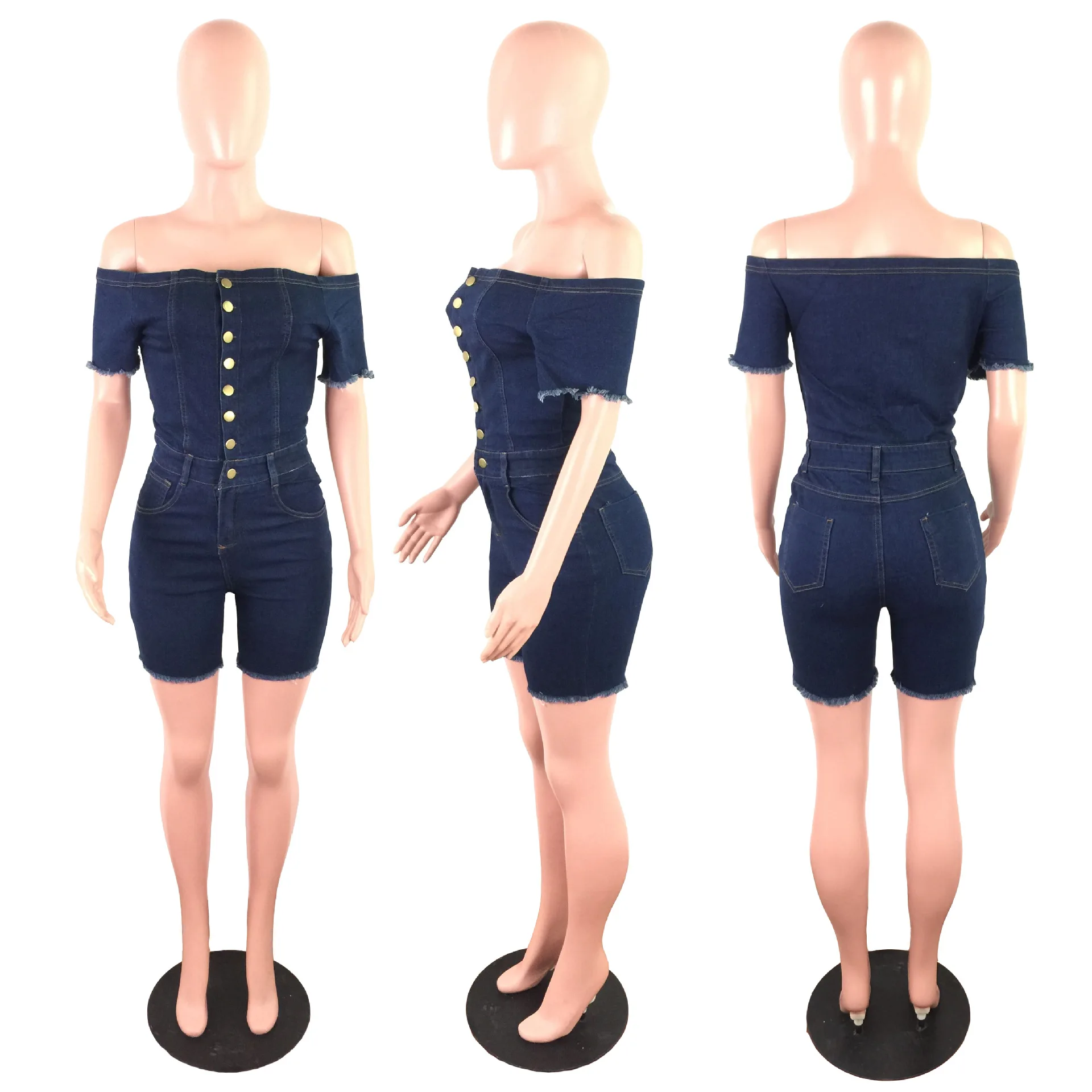 

Bodycon Jumpsuit for Women Denim 2021 New Summer Fashion Stilts Shoulder-length Sexy Night Party & Club Street Button Romper