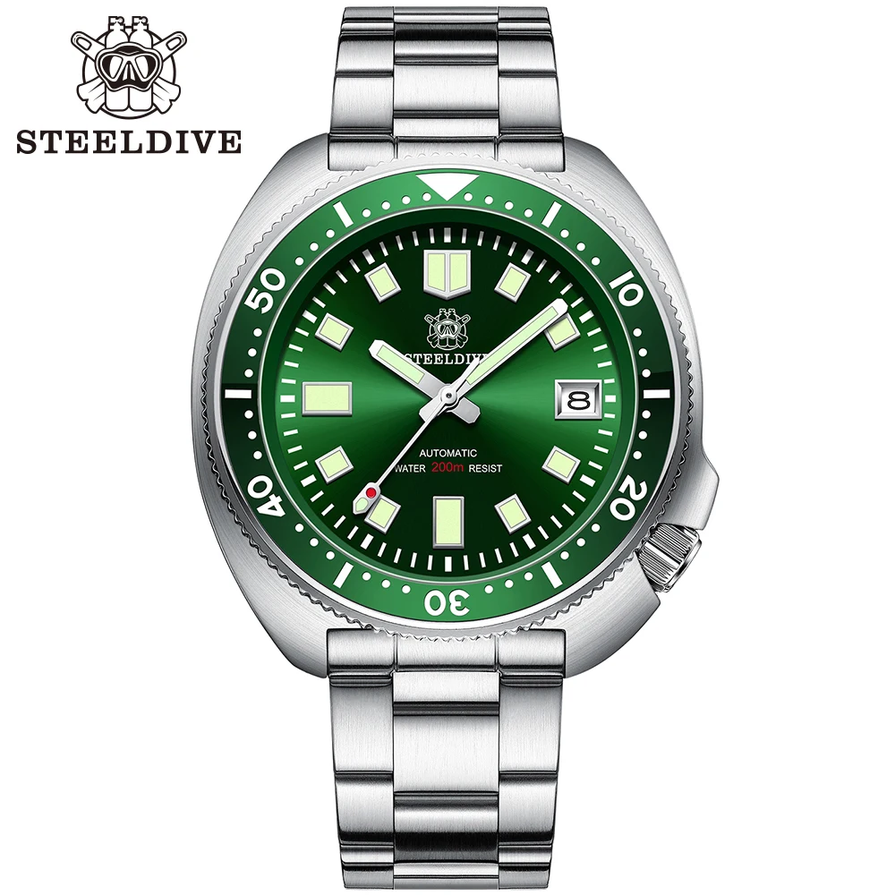 SD1970 GR Steeldive резиновая лента 44MM Мужские часы для дайвинга NH35 с зеленой