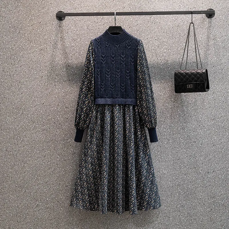 

Women 2022 Autumn Winter Corduroy Floral Dresses Female Vintage Knitted Patchwork Vestido De Mujer Long Sleeve A-line Dress C719