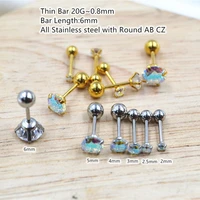 50pcs body jewelry piercing thin bar 20g0 8mm round ab cz gems earring ear helix bar lobe cartilage tragus diath studs