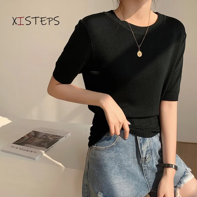 

Elegant Women Summer Sweaters Tops Pink White Black Ladies Pullovers Short Sleeve Femme Pull Ladies Fashion Clothings 2021