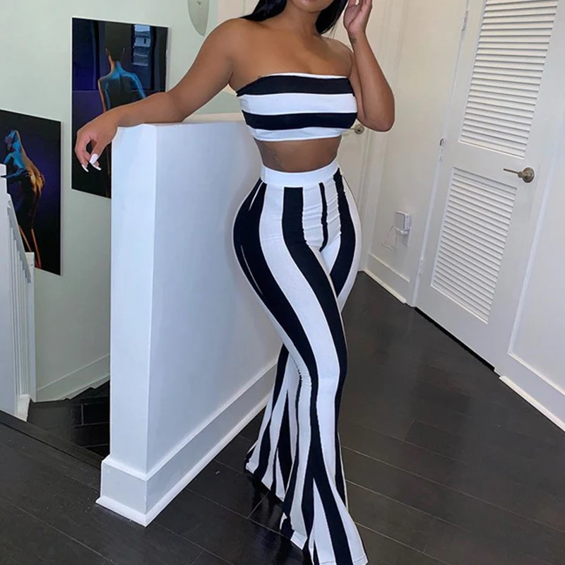 Полосатый Принт без бретелек сексуальные расклешенные брюки комплект из двух