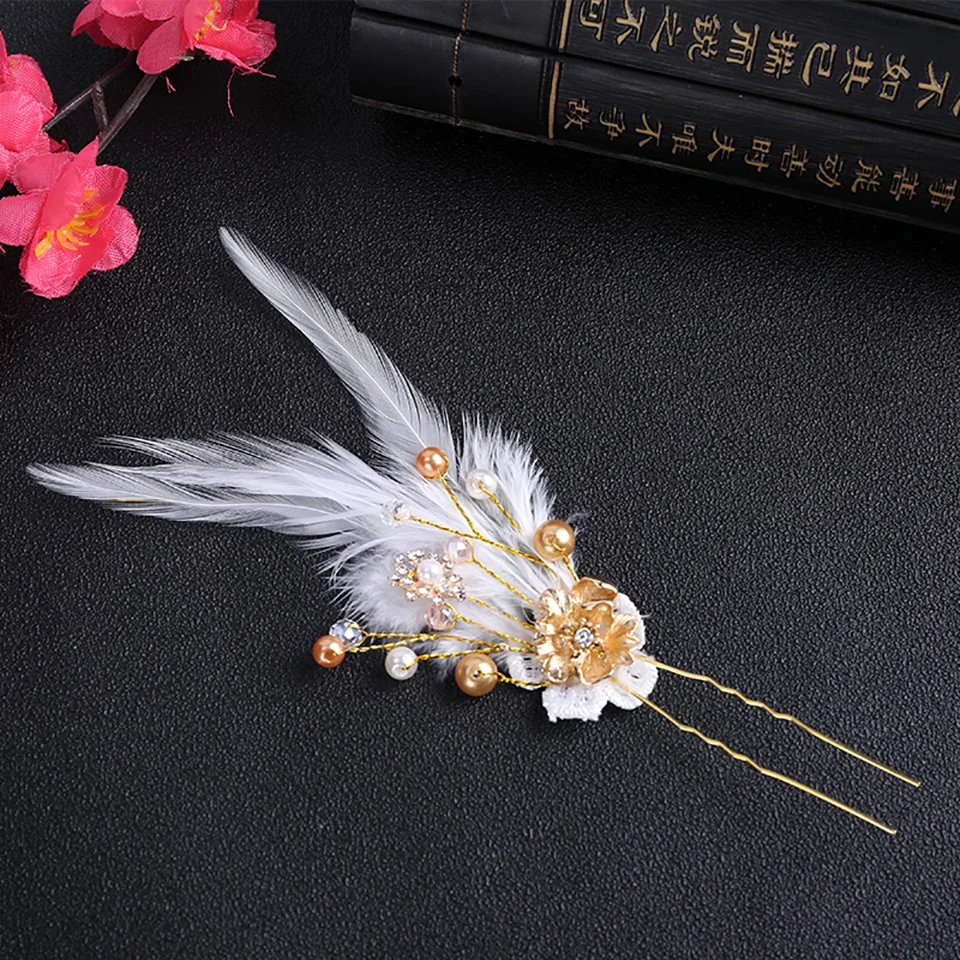 

Chinese Traditional Hair Accessories Fashion Pearl Feather Female Hairpin Headdress Ancient Style Fairy Hair Jewelry