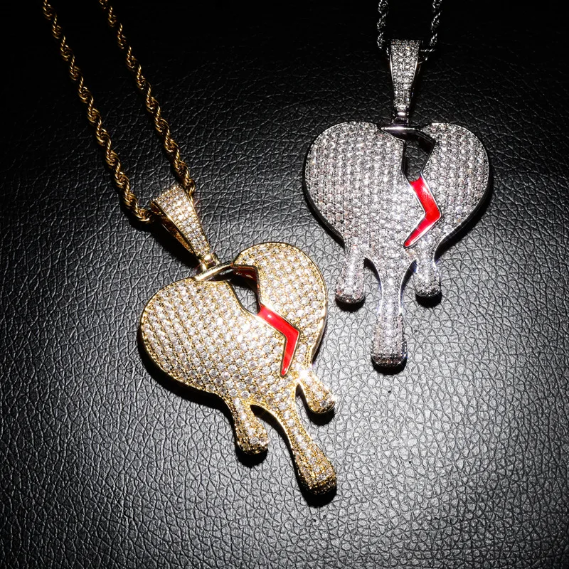 

Lucky Sonny Broken Heart Pendant Necklace CZ Micro Paved Heart Charm Accessory Bijoux US UK Rapper Party Jewelry Dropshipping