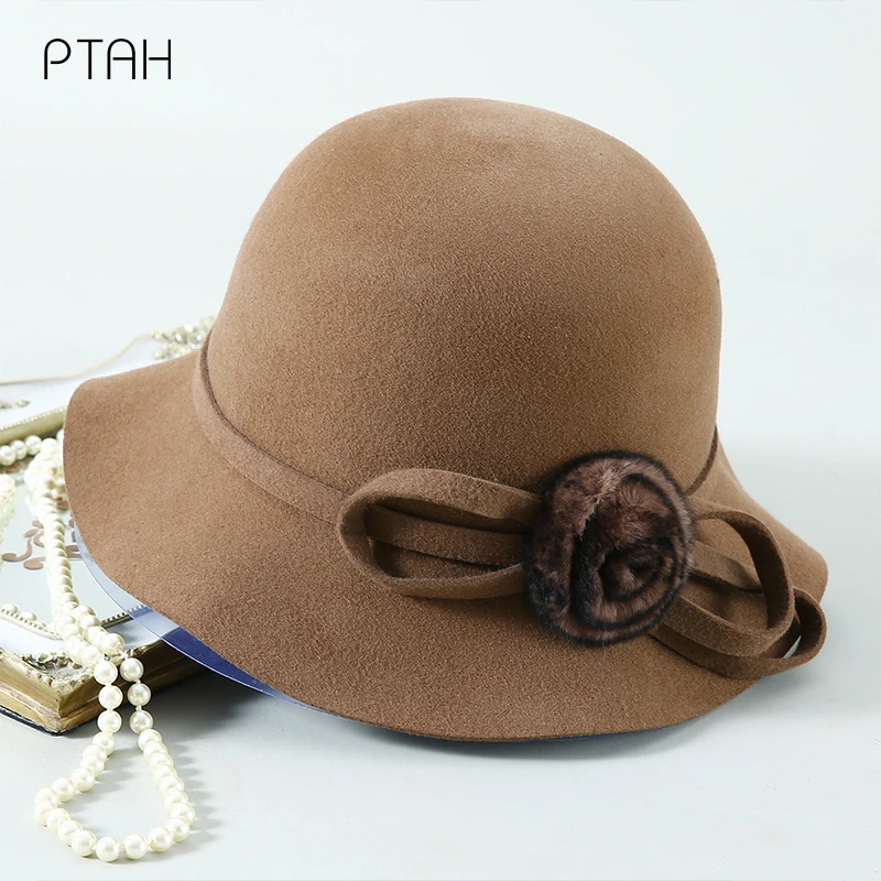 

[PTAH] New Women Fedoras Hats For Women Temperament Elegant Church Autumn Winter Hats 100% Australian Wool High Quality Top Hats