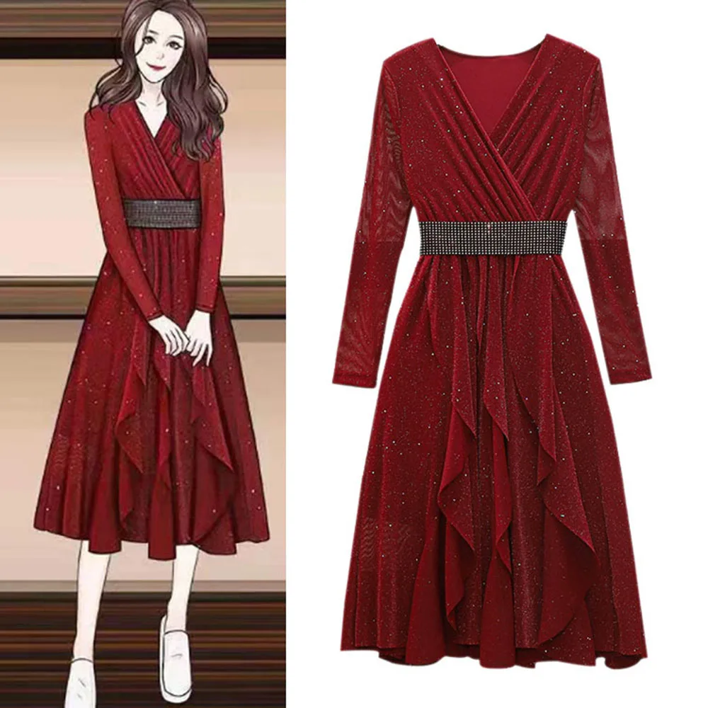 

Женское коктейльное платье до середины икры Dressv, элегантное платье с v-образным вырезом и длинными рукавами трапециевидной формы, вечерние ...