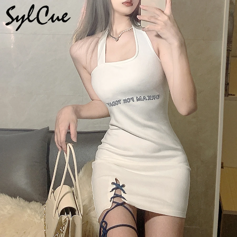 

Sylcue Halter Neck Sports Casual Simple And Generous Solid Color Elastic Comfortable All-Match Women's Tight Dress