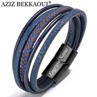 Многослойный мужской браслет AZIZ BEKKAOUI ручной работы, гравировка имени, плетеный кожаный браслет, магнитный браслет из нержавеющей стали