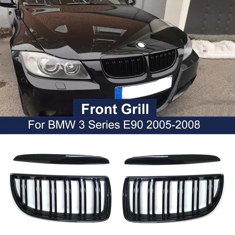 

One Pair High Quality Front Kidney Grille Hood Grills Double Line Slat For BMW 3 Series E90 E91 320i 323i 328i 335i 2005-2008