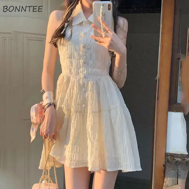 

Милое Платье, женское летнее однобортное платье принцессы, с отложным воротником, без рукавов, со складками, однотонное, дышащее